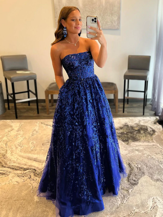 Blue A line tulle sequin long prom dress, blue tulle evening dress  gh2213