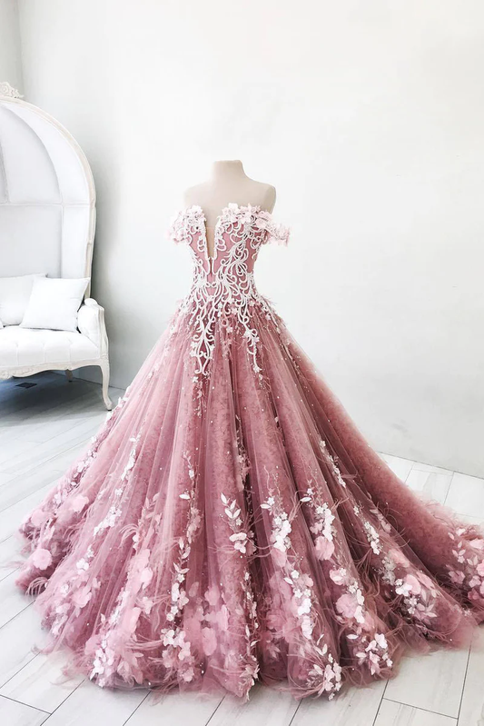 Unique pink tulle lace long prom dress, pink tulle lace evening dress gh2315