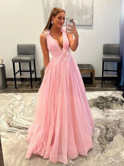 Pink v neck tulle long prom dress, pink tulle evening dress gh2498