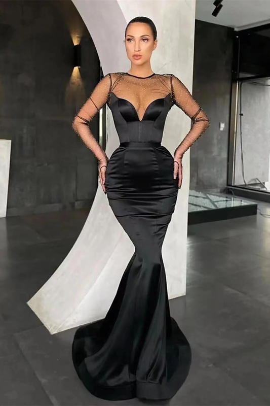 V-Neck Black Mermaid Long Sleeves Prom Dress With Beads Online  gh2059