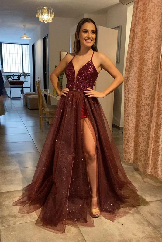 Robe de bal longue en tulle bordeaux à bretelles spaghetti et fente gh2443