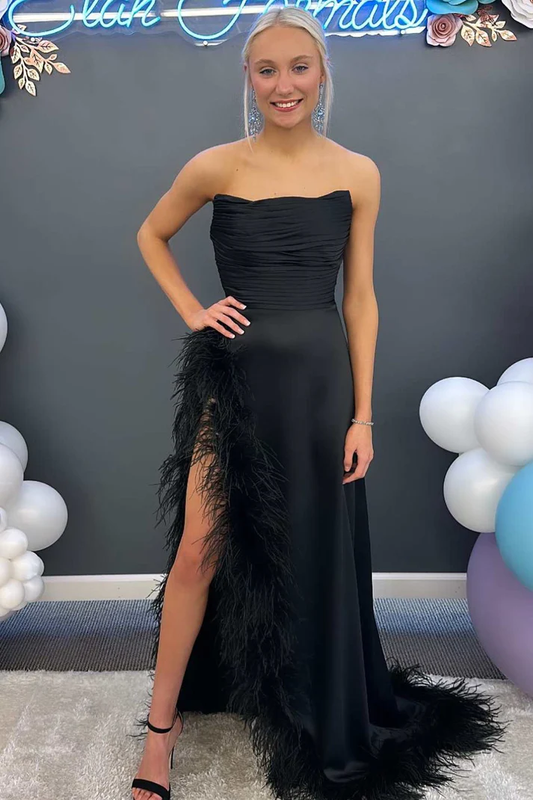 Black Strapless Pleated Satin Long Prom Gown with Feathers gh2620