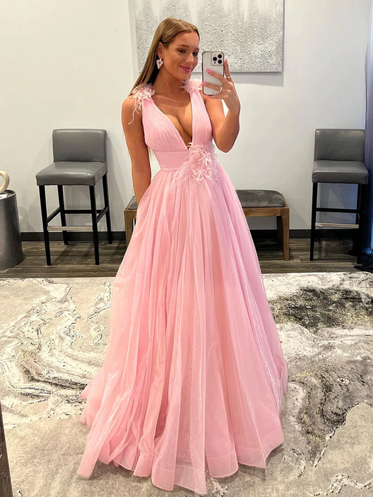 V Neck and V Back Pink Tulle Long Prom Dresses, V Neck Pink Formal Graduation Evening Dresses  gh2518