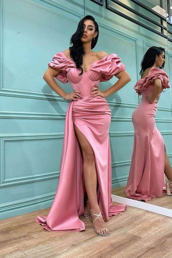 Bellasprom Pink Split Prom Dress Long Mermaid Off-the-Shoulder gh2488