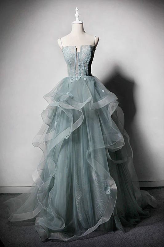 GREEN TULLE LACE LONG PROM DRESS, GREEN EVENING DRESS   gh2300