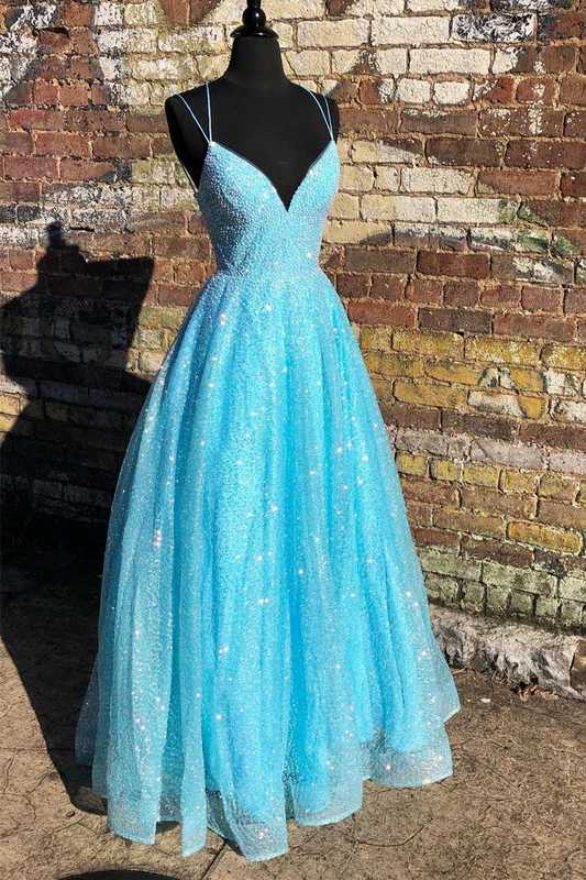 Blue Shiny A-line Long Formal Dress with Lace Up Back gh2161