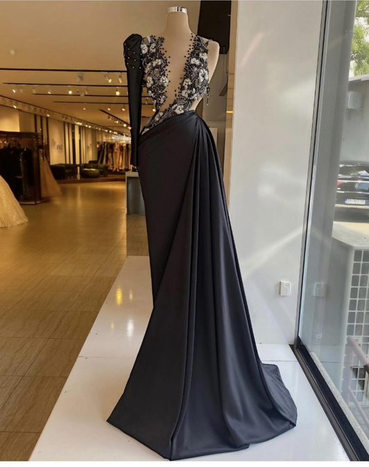 black prom dresses, long sleeve prom dresses, hand made flowers prom dresses, black evening dresses, long sleeve evening gowns  gh2188