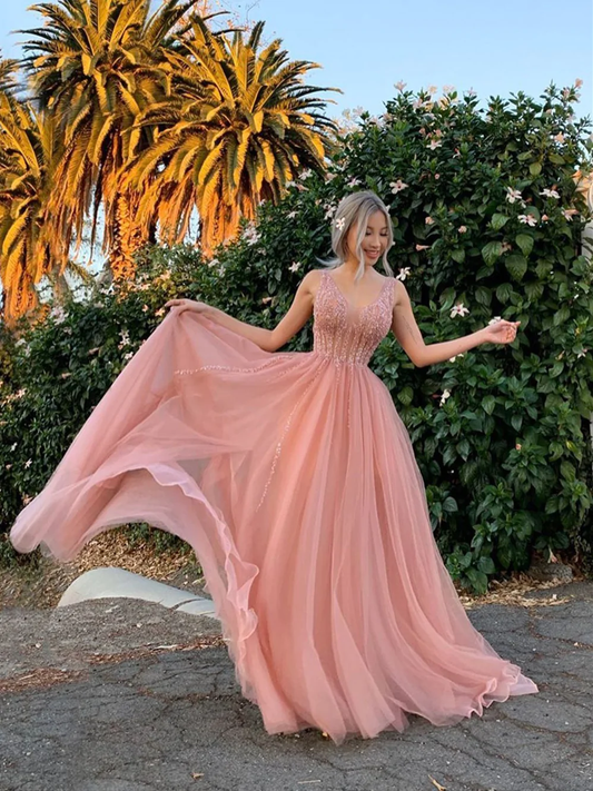 V-neck Long A-line Blush Pink Prom Dresses, Beaded Seqiun Prom Dresses,Prom Dresses gh2531