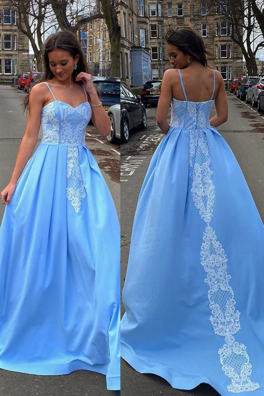 BLUE SWEETHEART NECK SATIN LACE LONG PROM DRESS BLUE FORMAL DRESS gh2247