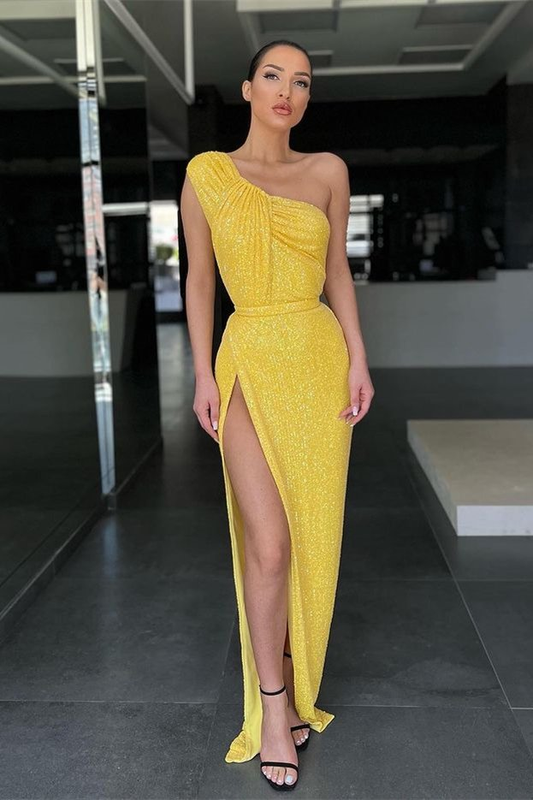 Superbe robe de soirée jaune asymétrique à paillettes sirène avec fente gh2002