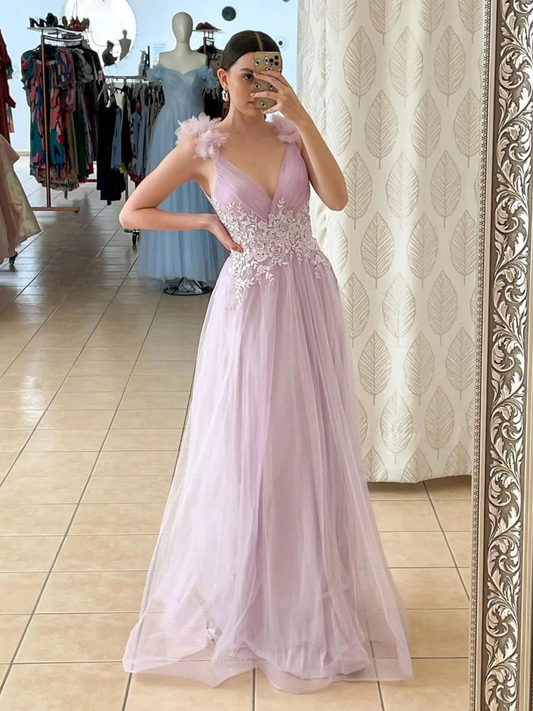 V neck A line Pink Long Prom Dresses, Lace Long Graduation Dresses With Lace Applique gh2497