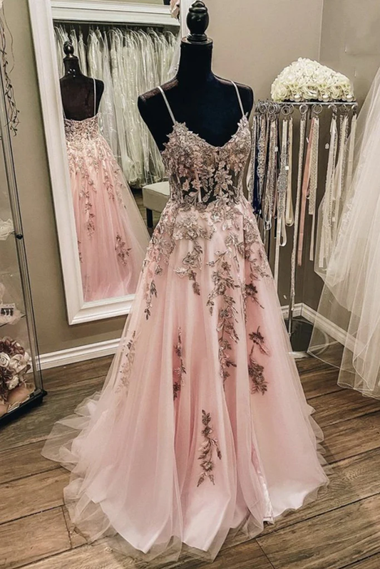 V Neck Backless Pink Lace Long Prom Dress, Long Pink Lace Formal Evening Dress gh2283