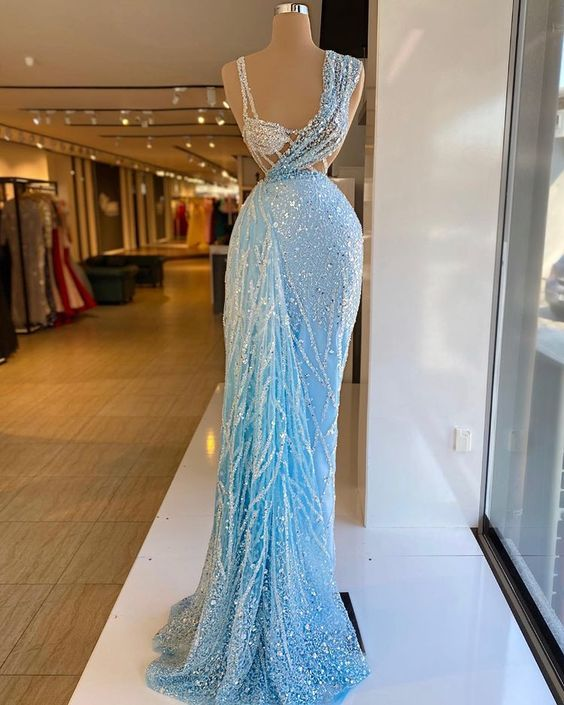 Blue gorgeous luxury elegant beaded long ball gown evening dress gh2071