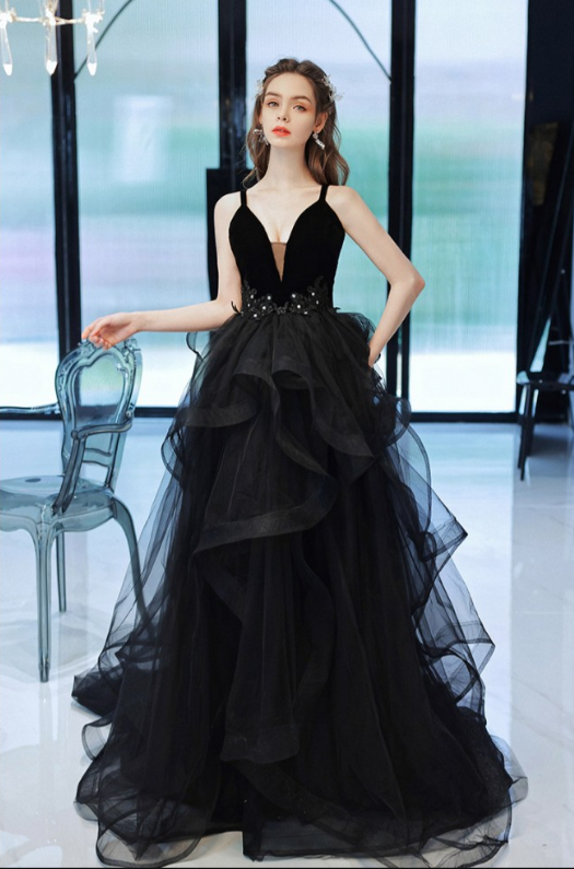 Simple Black Long Ruffle Tulle V Neck Formal Prom Dress gh2624