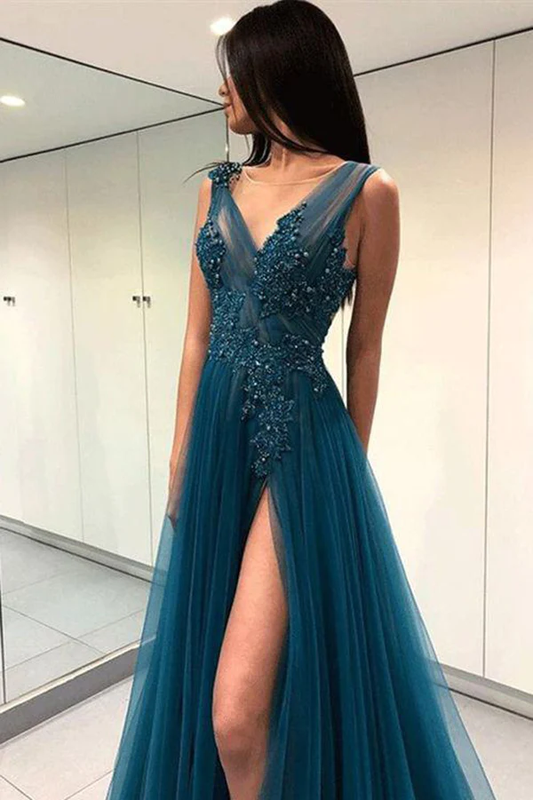 Robe de soirée trapèze à col en V en tulle et dos ouvert avec dentelle et perles sans manches gh2016