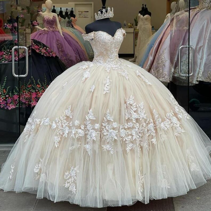 Elegantes, schulterfreies, langes, champagnerfarbenes Quinceanera-Kleid mit Spitzenapplikationen, Prinzessinnenkleid gh2514