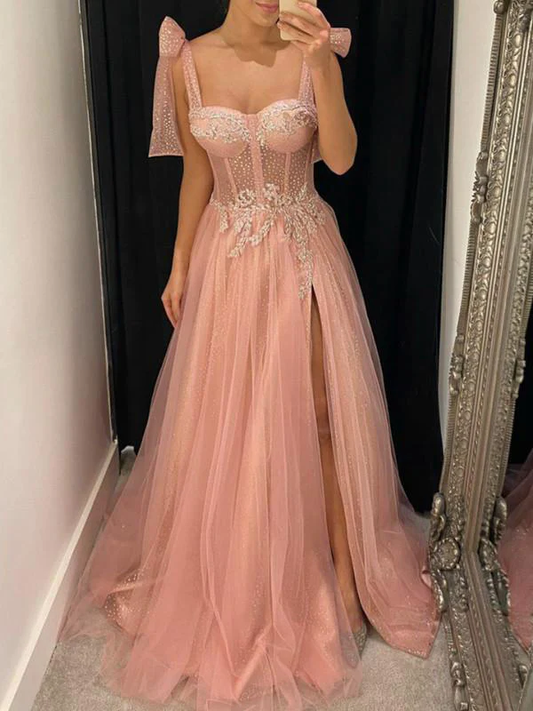 Robe de soirée longue sans manches rose modeste Aline, robe de soirée avec fente gh2529