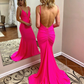 V Neck Hot Pink Mermaid Long Prom Dresses, Hot Pink Mermaid Formal Evening Dresses gh2257