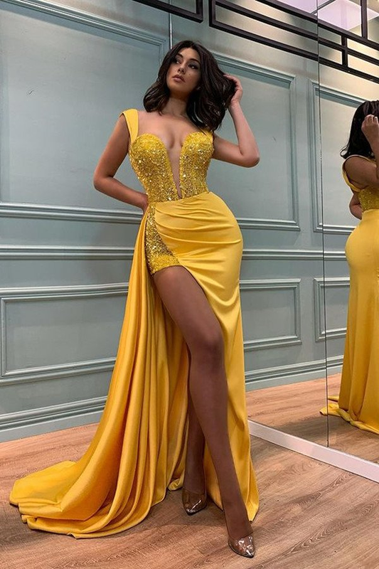 Robe de soirée sirène chic à bretelles jaunes fendue avec appliques à paillettes gh1992