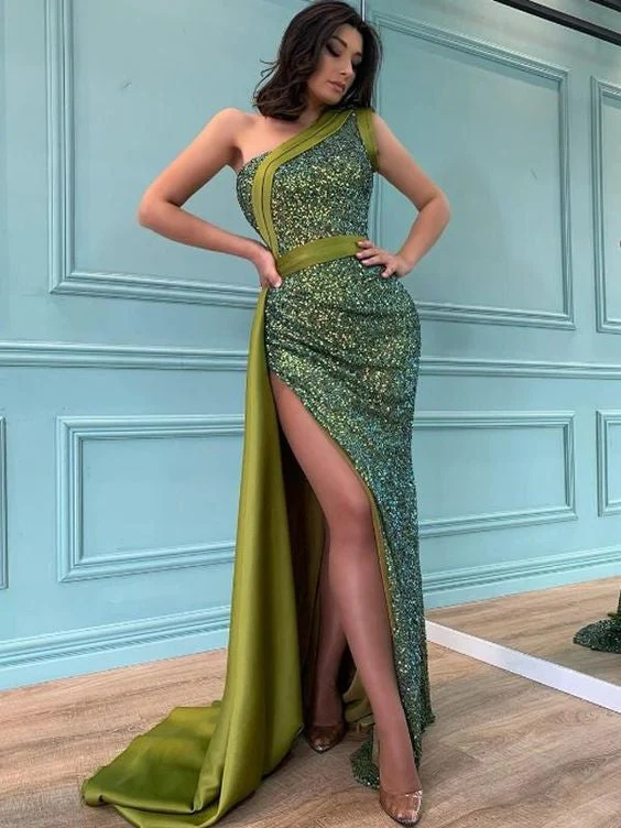 Simple One-shoulder Side Slit Mermaid Sequin Evening Prom Dresses  gh1995