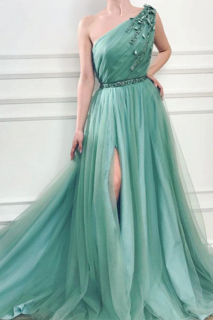 Robe de soirée/de cérémonie en tulle à une épaule et coupe trapèze avec perles gh2154