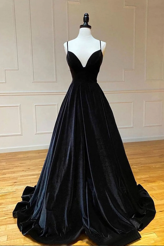 Robe de soirée longue en velours noir à dos nu et col en V, robe de soirée noire à col en V, robe de soirée en velours noir gh2235