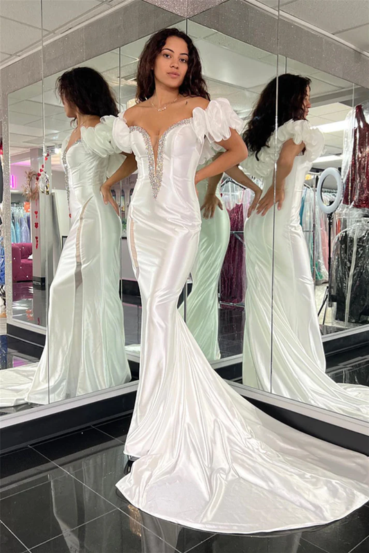 White Mermaid V Neck Ruffle Off-the-Shoulder Long Prom Dress with Beaded gh2615