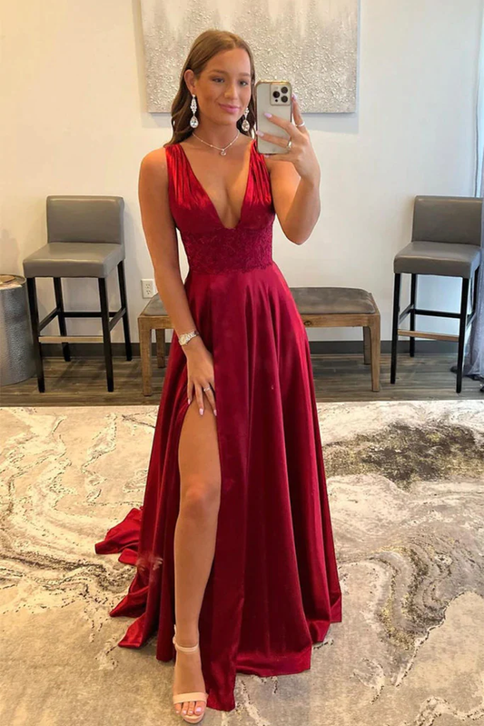 Burgundy V Neck Lace Long Prom Evening Dress With High Slit gh2526