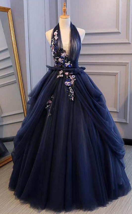 Ball Gown Blue Tulle Lace Long Prom Dresses Deep V Neck Backless Evening Dresses  gh2224