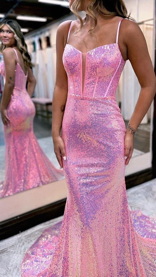 Sparkly Spaghetti Straps Sweetheart Sequined Column Prom Formal Dress gh2511