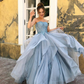 Strapless Long A-line Blue Lace Organza Prom Dresses, Long Prom Dresses, Popular Prom Dresses  gh2222