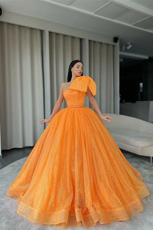 Ball Gown Orange Prom Dress Sequins With Bowknot One Shoulder gh2540