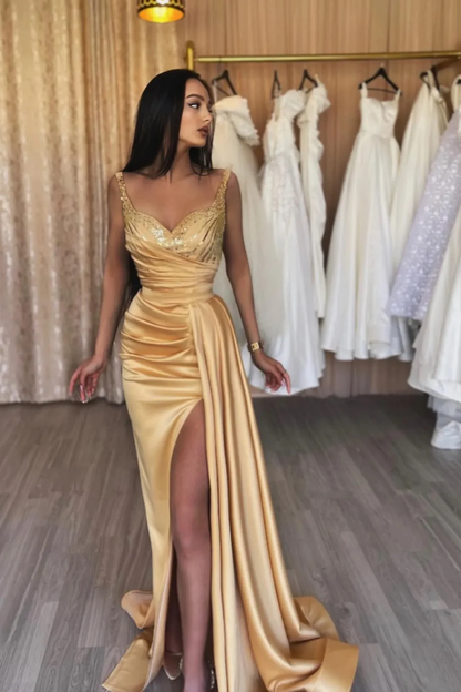 Champagne V-Neck Sleeveless Prom Dress Mermaid Sequins Slit gh2534