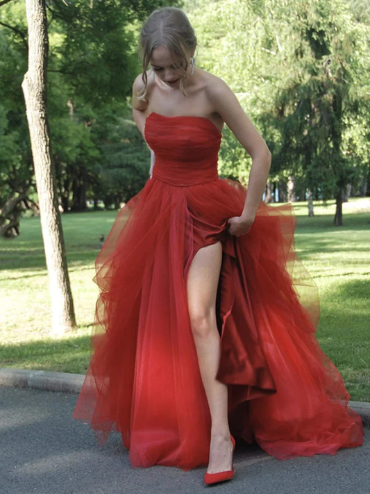 Strapless Red Tulle Long Prom Dresses, Red Tulle Long Formal Evening Dresses gh2548