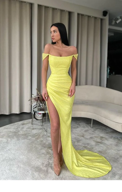 Yellow Off Shoulder Mermaid Side Slit Long Prom Dress With Train,Party Dress,Evening Dress ,Slit Dress  gh2381