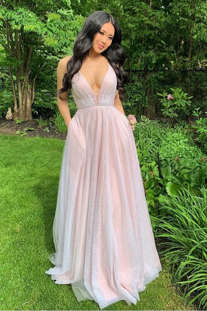 Sparkly Plunging Neck Pink Long Prom Dress gh2520