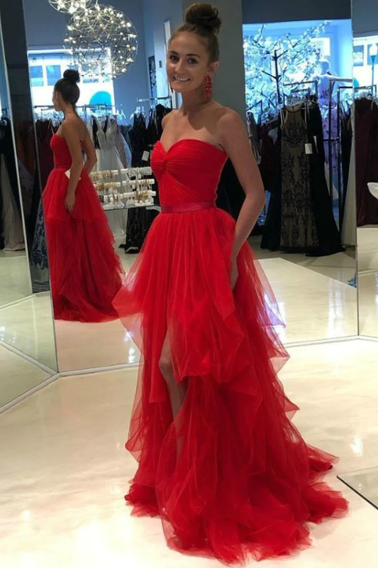 Sweetheart Backless Red Prom Dresses Tulle Ruffled Skirt  gh2412