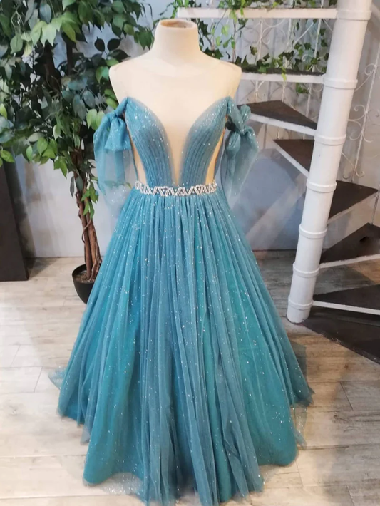 BLUE ROUND NECK TULLE SEQUIN LONG PROM DRESS, BLUE EVENING DRESS gh2206