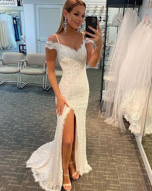 White Beading Lace Cold Shoulder Mermaid Prom Dress with Side Slit gh2485