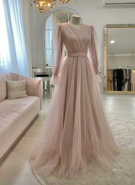 High quality pink simple elegant long sleeve tulle long evening dress, ball gown, wedding dress, wedding guest dress,gala dress gh2215