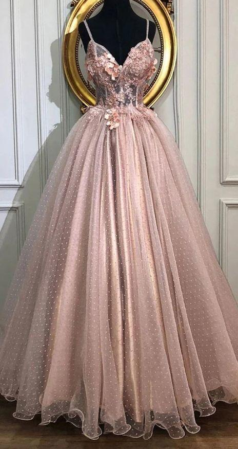 Robe de soirée longue en tulle à col en V et ligne A, robe de soirée formelle avec appliques rose perle gh2126