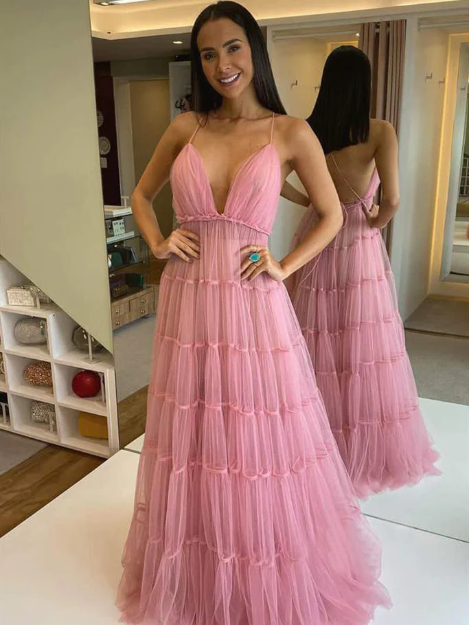 Spaghetti Pinl Tulle Prom Dresses, Lovely Prom Dresses, Formal Dresses gh2494