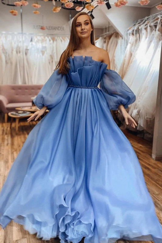 Strapless Blue Tulle Long Prom Dresses with Belt, Long Blue Formal Dresses, Blue Evening Dresses  gh2360