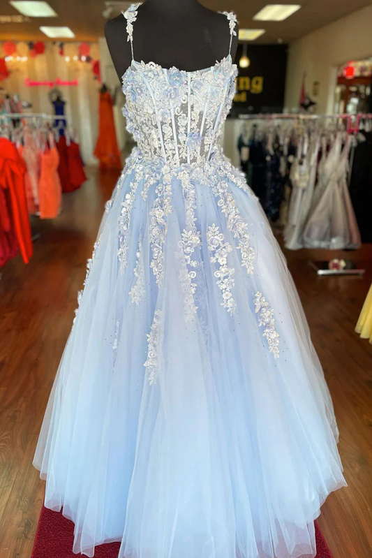 Blue sweetheart tulle lace applique long prom dress lace gown gh2313