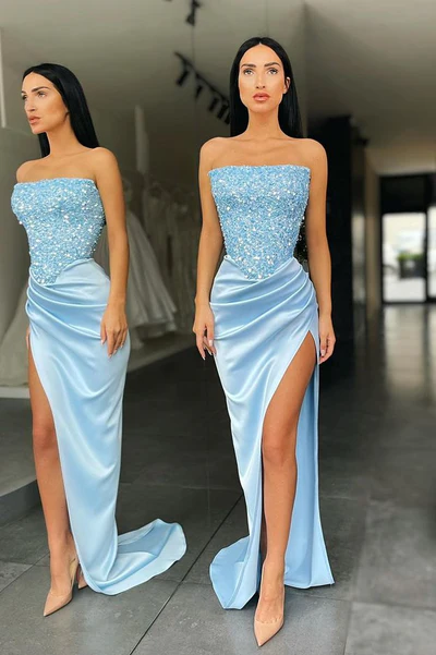 TRENDY SKY BLUE STRAPLESS SEQUIN TOP HIGH SPLIT PROM DRESS  gh2044