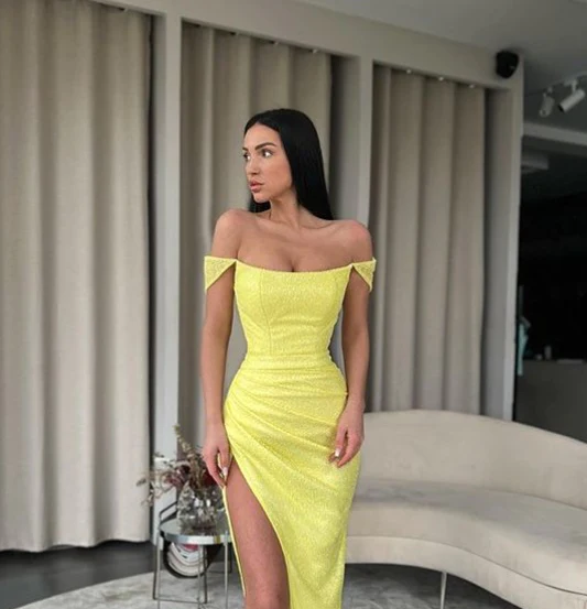 Yellow Off Shoulder Mermaid Side Slit Long Prom Dress With Train,Party Dress,Evening Dress ,Slit Dress  gh2381