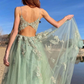Green V-neck Tulle Lace Appliques Long Prom Dress   gh2211