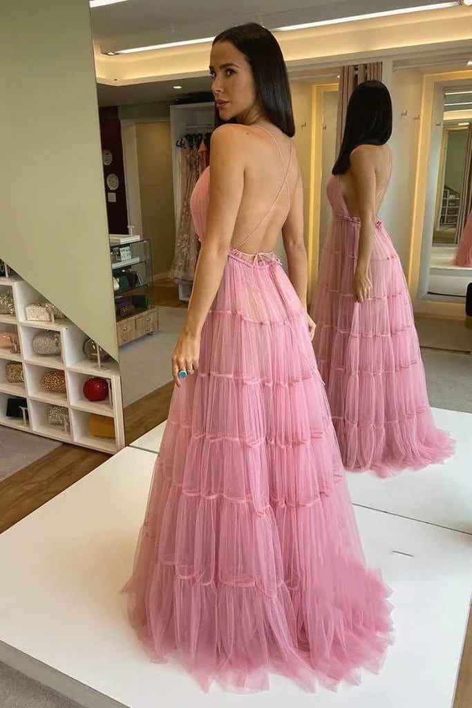 Spaghetti Pinl Tulle Prom Dresses, Lovely Prom Dresses, Formal Dresses gh2494