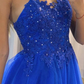Robe de soirée longue en tulle bleu avec dentelle et perles scintillantes avec traîne, robe de soirée, robe de soiréegh2252