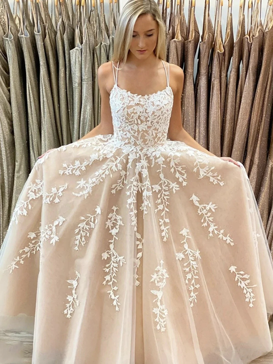 Robe de bal en tulle avec appliques et bretelles spaghetti en forme de A gh2143